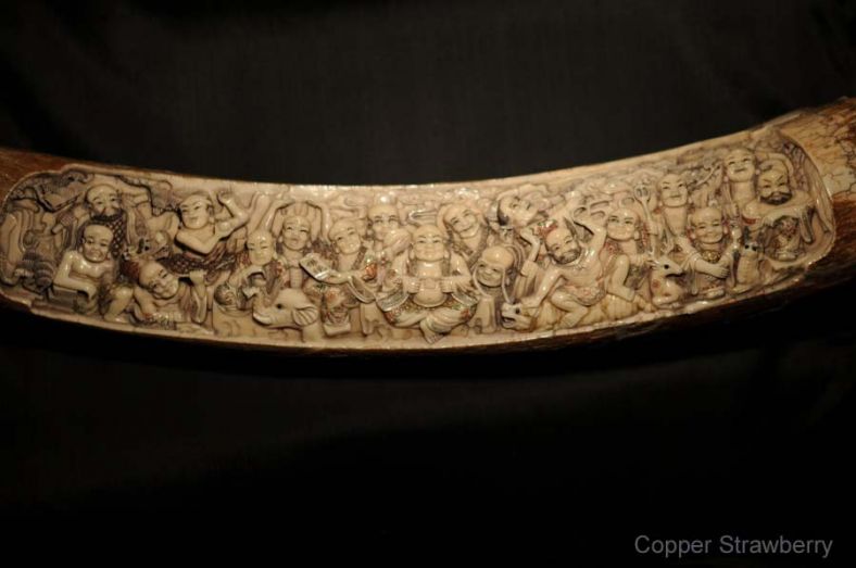 Antique 18th-early 19th C Qing Dynasty Chinese rare carved Ivory Tusk w  Buddha, very rare and very fine carving, in superb quality